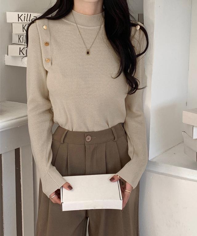 メタルボタンニットトップスプチハイネック 送料無料 即日発送-7