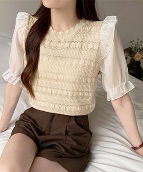 サマーニット 異素材切替 シャツブラウス 送料無料 即日発送-7