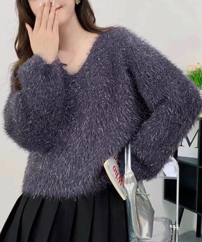 ラメシャギーニットトップス Vネック秋冬 送料無料 即日発送-4