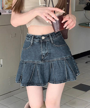 プリーツデニムスカートミニスカート 送料無料 即日発送-0