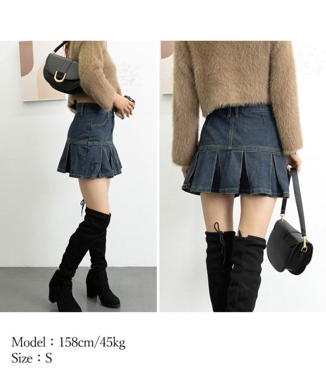 プリーツデニムスカートミニスカート 送料無料 即日発送-9