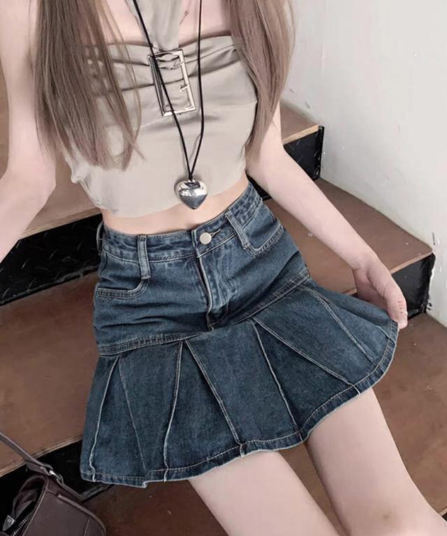 プリーツデニムスカートミニスカート 送料無料 即日発送-1