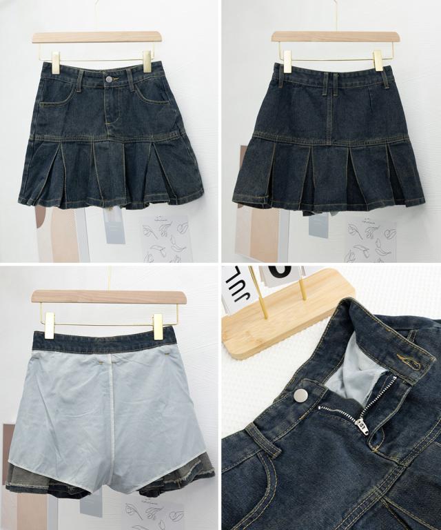プリーツデニムスカートミニスカート 送料無料 即日発送-2