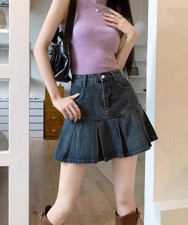 プリーツデニムスカートミニスカート 送料無料 即日発送-4