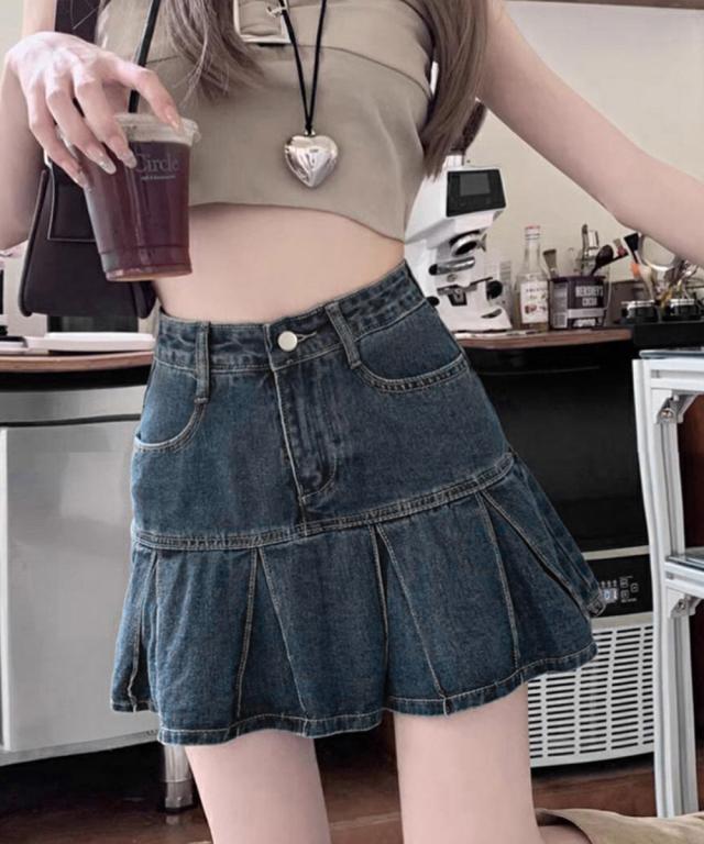 プリーツデニムスカートミニスカート 送料無料 即日発送-5