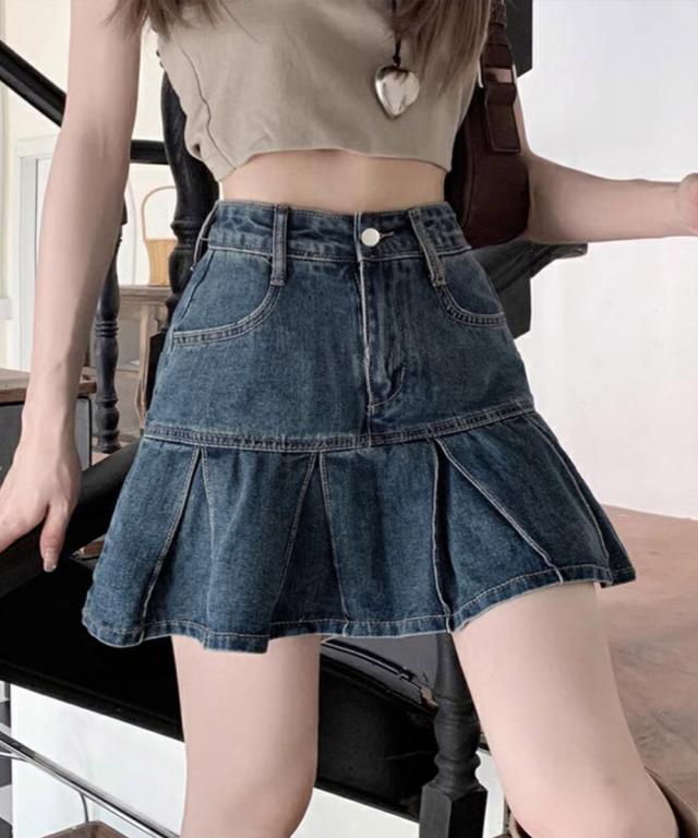 プリーツデニムスカートミニスカート 送料無料 即日発送-6