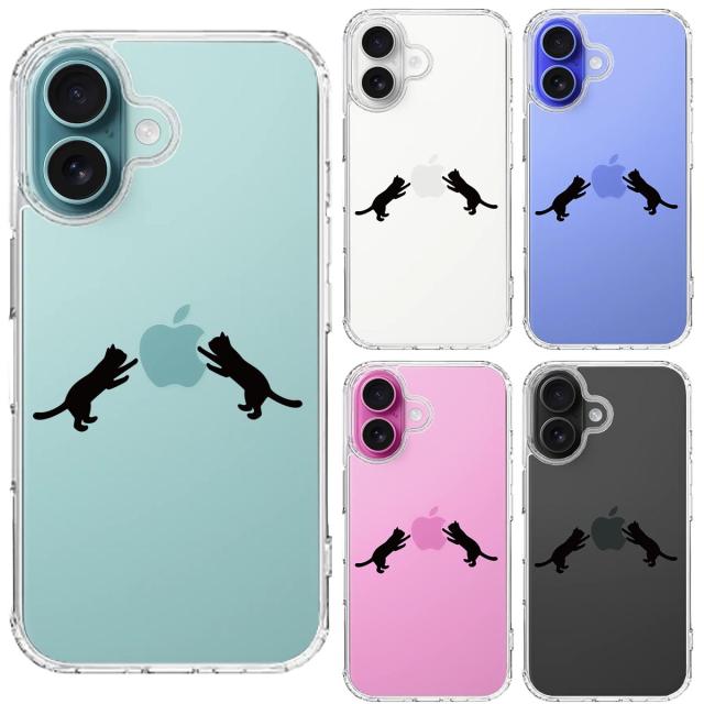 iPhone16 ケース クリア にゃんこ ねこ りんご 取り合い 黒 スマホケース 側面ソフト 背面ハード ハイブリッド  送料無料-1