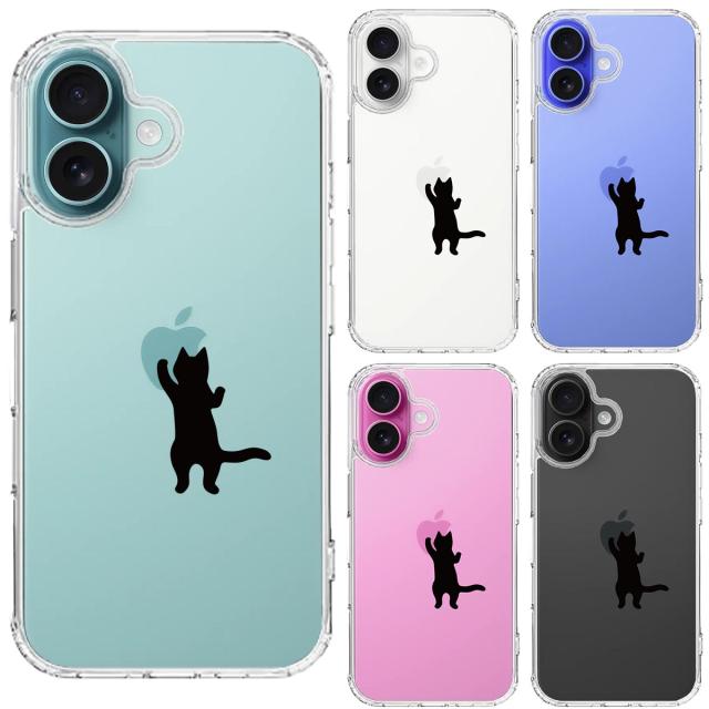 iPhone16 ケース クリア にゃんこ りんご さわさわ 黒 スマホケース 側面ソフト 背面ハード ハイブリッド  送料無料-1