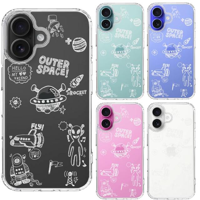 iPhone16 ケース クリア UFO 宇宙人 ホワイト スマホケース 側面ソフト 背面ハード ハイブリッド  送料無料-1