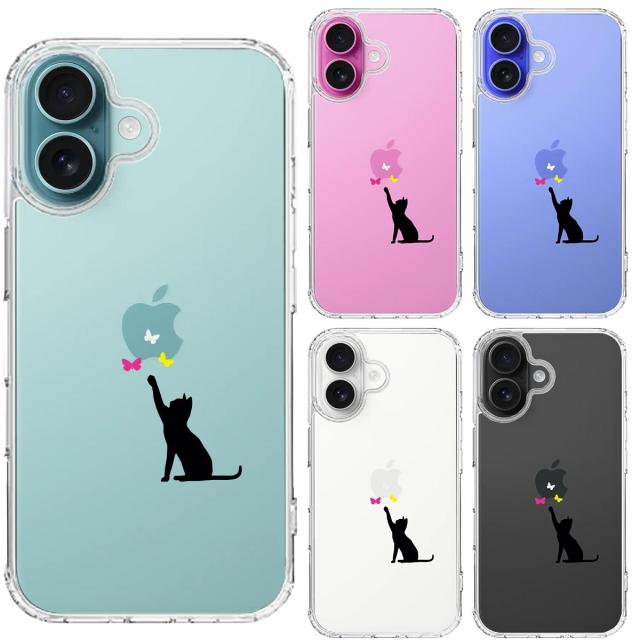 iPhone16 ケース クリア 猫 CAT ねこ 蝶々 ブラック スマホケース 側面ソフト 背面ハード ハイブリッド  送料無料-1