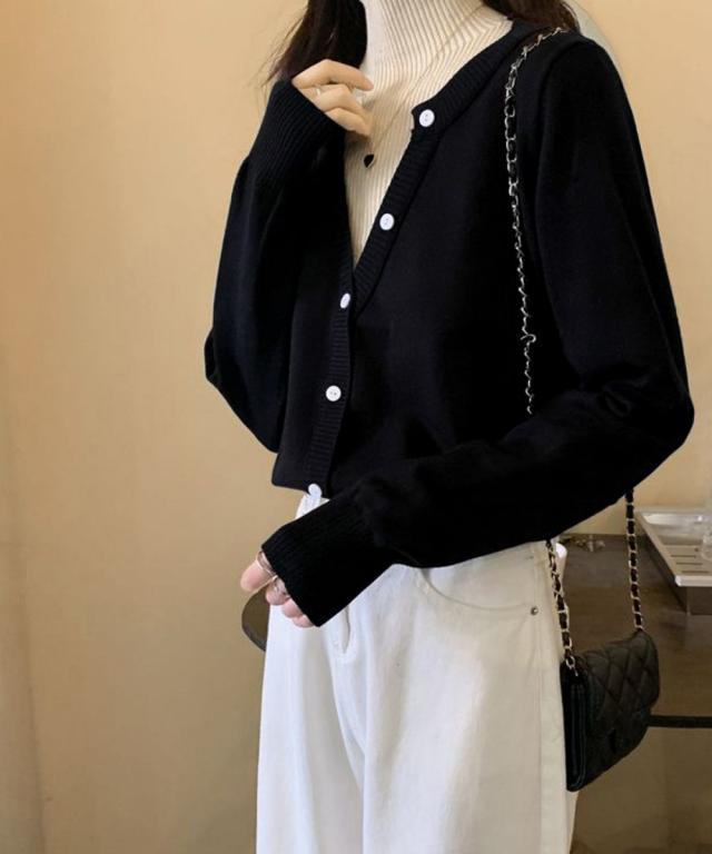 レイヤード風 ニットトップス ハイネック 送料無料 即日発送-7