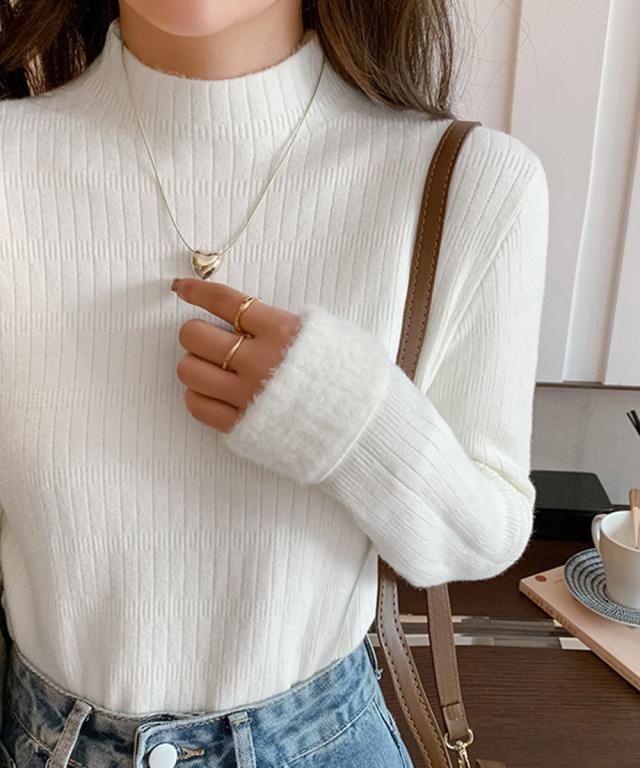 裏起毛 プチハイネックニットトップス厚手 送料無料 即日発送-5