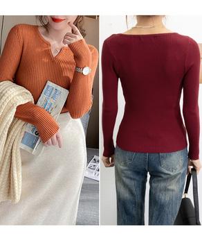 Vネック ニットトップス 長袖ニットソー 送料無料 即日発送-9