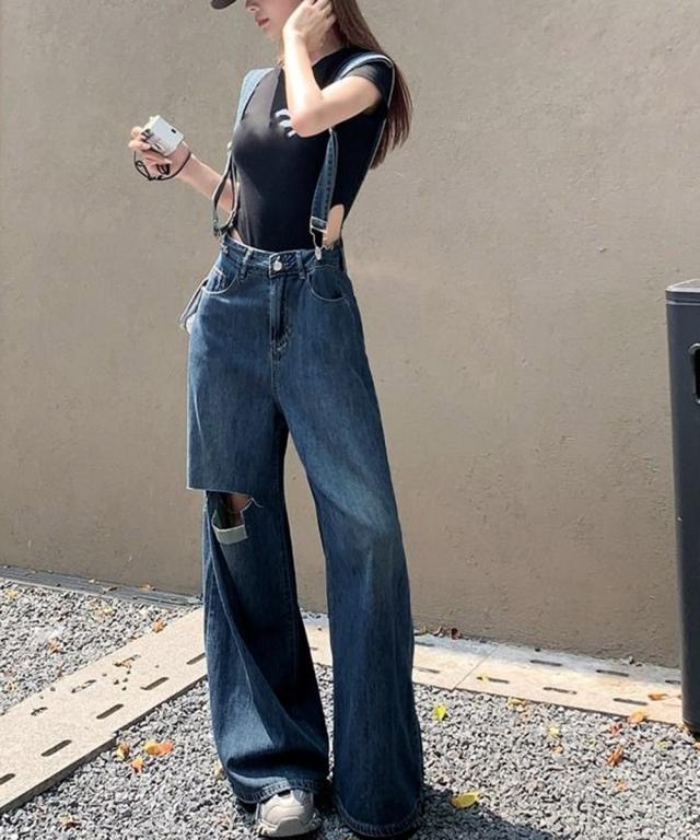 サス付デニムワイドパンツ ハイウエスト 送料無料 即日発送-9