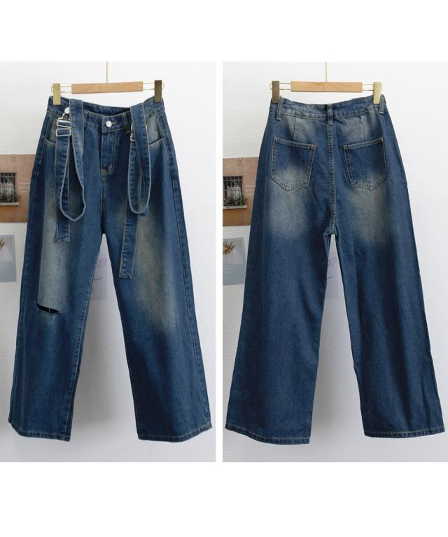 サス付デニムワイドパンツ ハイウエスト 送料無料 即日発送-2