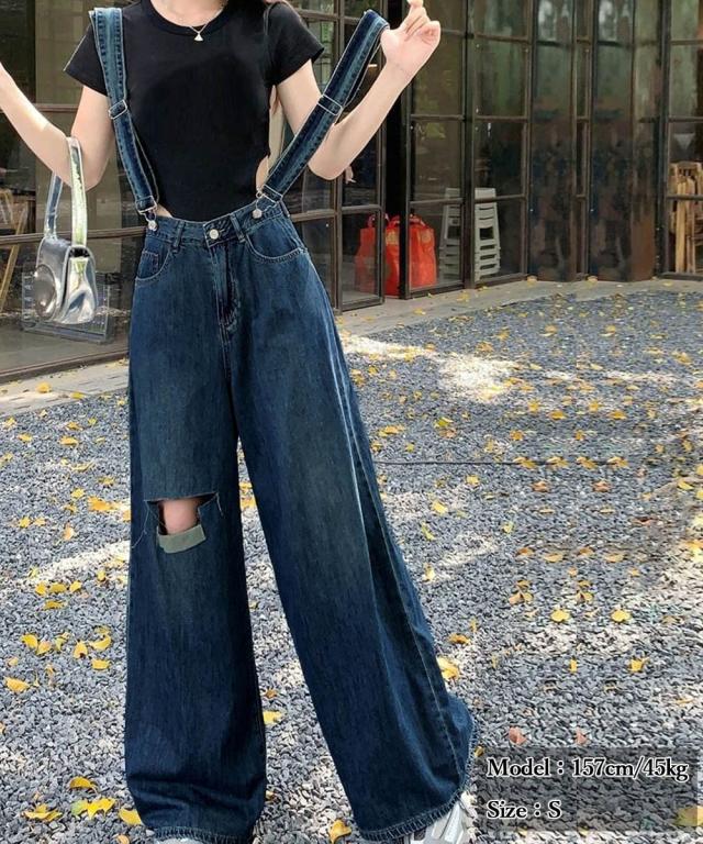 サス付デニムワイドパンツ ハイウエスト 送料無料 即日発送-4