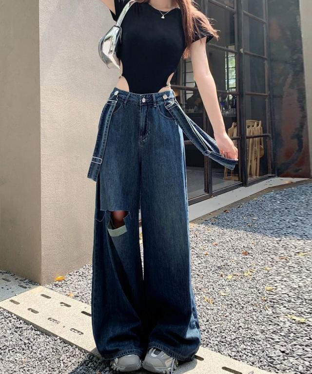 サス付デニムワイドパンツ ハイウエスト 送料無料 即日発送-5