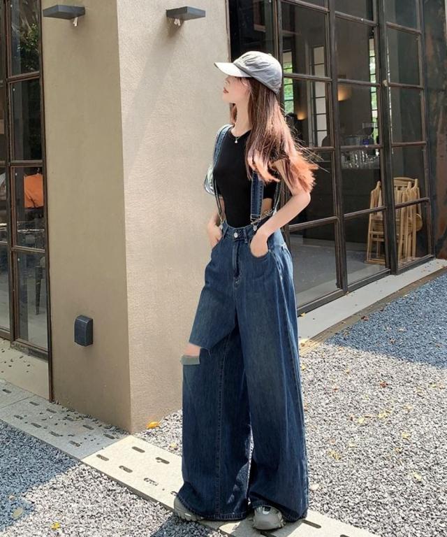 サス付デニムワイドパンツ ハイウエスト 送料無料 即日発送-7