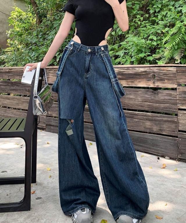 サス付デニムワイドパンツ ハイウエスト 送料無料 即日発送-8