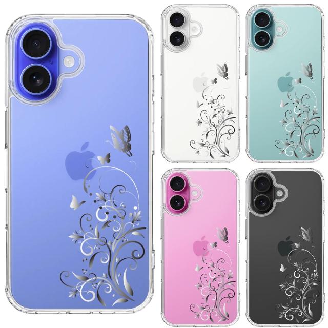 iPhone16 ケース クリア フローラル & バタフライ グレー スマホケース 側面ソフト 背面ハード ハイブリッド 送料無料-1