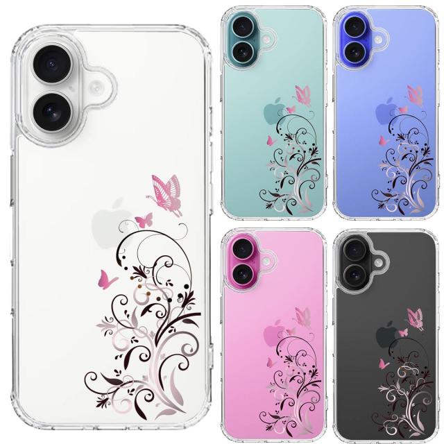 iPhone16 ケース クリア フローラル バタフライ ピンク スマホケース 側面ソフト 背面ハード ハイブリッド  送料無料-1