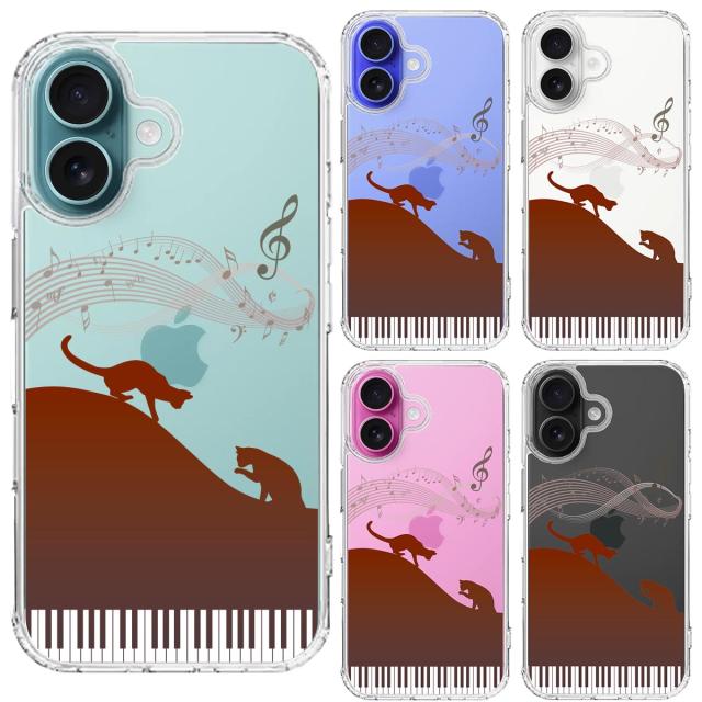 iPhone16 ケース クリア ピアノ シルエット猫 ブラウン スマホケース 側面ソフト 背面ハード ハイブリッド 送料無料-1