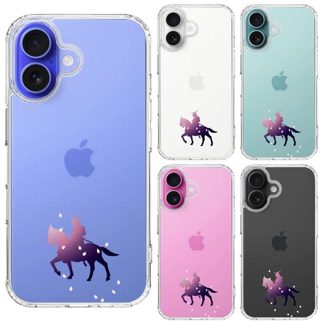 iPhone16 ケース クリア 騎乗侍と桜 スマホケース 側面ソフト 背面ハード ハイブリッド 送料無料-1