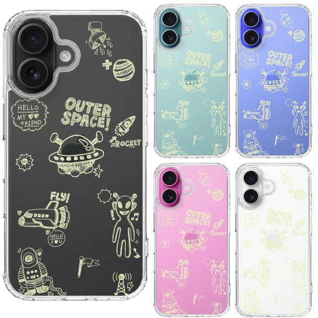 iPhone16 ケース クリア UFO 宇宙人 グリーン スマホケース 側面ソフト 背面ハード ハイブリッド  送料無料-1