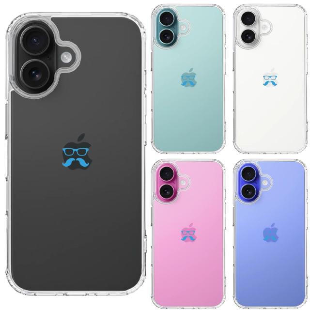 iPhone16 ケース クリア ひげ メガネ 髭 眼鏡 スカイ ブルー スマホケース 側面ソフト 背面ハード ハイブリッド 送料無料-1