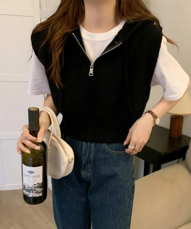 フード付きジップニットベスト ショート丈 送料無料 即日発送-3