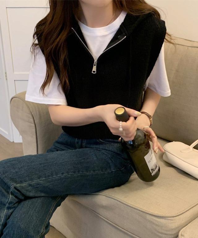 フード付きジップニットベスト ショート丈 送料無料 即日発送-4