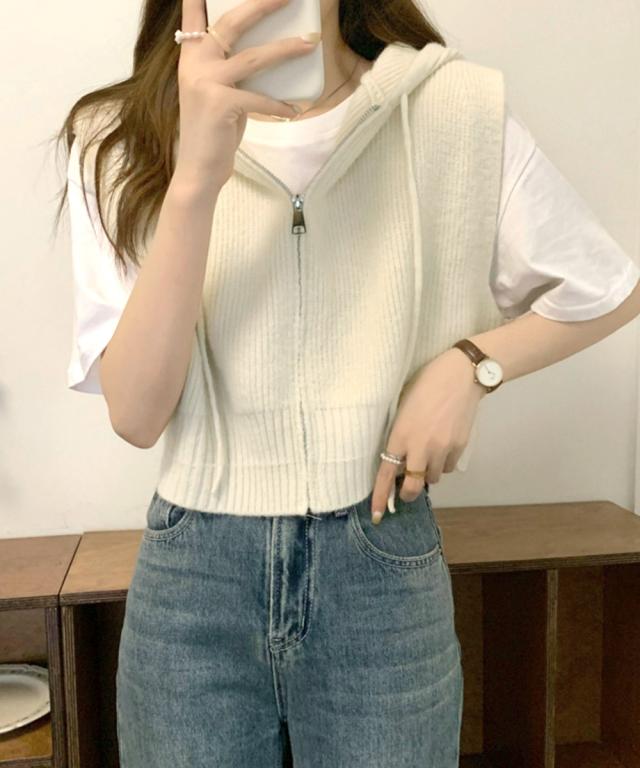 フード付きジップニットベスト ショート丈 送料無料 即日発送-5