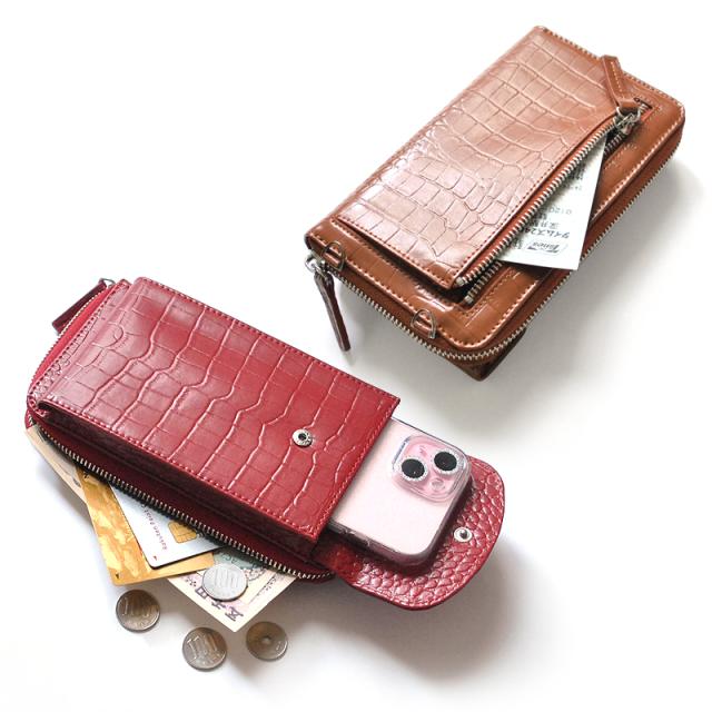 牛革クロコ型押し財布機能付きスマートフォンポーチ No.3170 3色展開 レディースカラバリ牛革ポーチ 送料無料-5