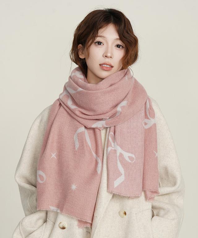 大判マフラー ストール リボン模様 秋冬 送料無料 即日発送-3