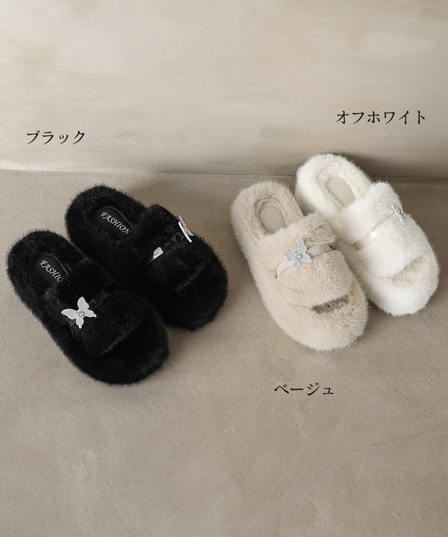 厚底ファーサンダル 蝶々 スリッパ 秋冬 送料無料 即日発送-1