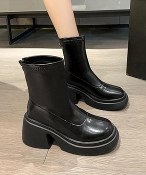 PUレザーショートブーツ バックジッパー 送料無料 即日発送-1