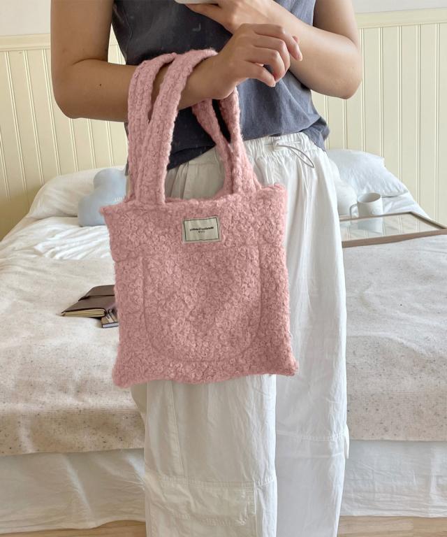 ボアトートバッグ ミニ 無地 軽量 秋冬 送料無料 即日発送-5