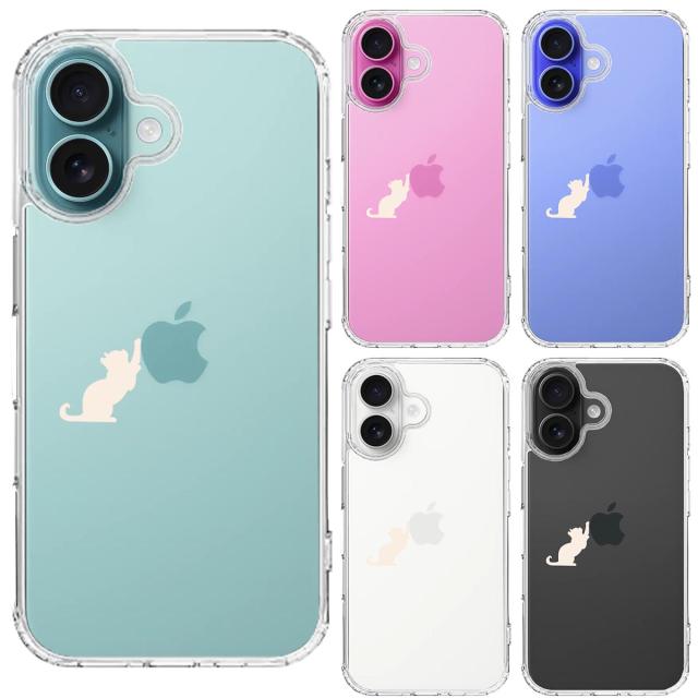 iPhone16 ケース クリア 猫 リンゴ キャッチ ホワイト スマホケース 側面ソフト 背面ハード ハイブリッド  送料無料-1