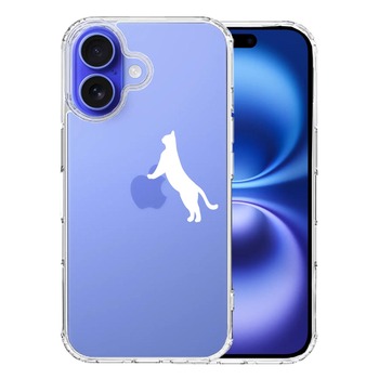 iPhone16 ケース クリア ねこ 猫 リンゴで伸び ホワイト スマホケース 側面ソフト 背面ハード ハイブリッド  送料無料-0