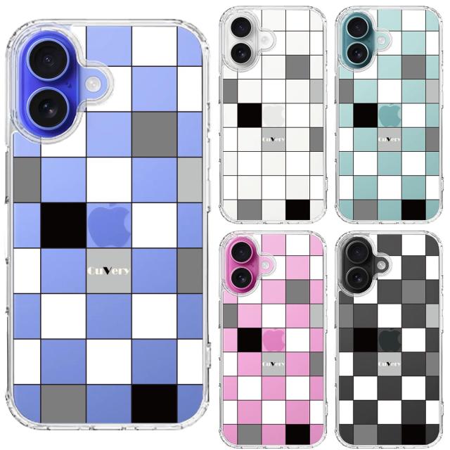 iPhone16 ケース クリア ブロック チェック 白 黒 スマホケース 側面ソフト 背面ハード ハイブリッド 送料無料-1
