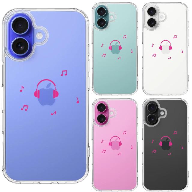 iPhone16 ケース クリア ヘッドフォン ヘッドホン ピンク スマホケース 側面ソフト 背面ハード ハイブリッド  送料無料-1