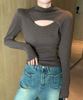 長袖Tシャツ 穴あき ハイネック 春秋冬 送料無料 即日発送-5