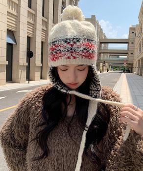 ニット帽子 レディース 配色 紐付き 送料無料 即日発送-2