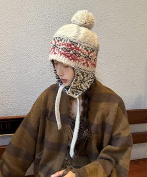 ニット帽子 レディース 配色 紐付き 送料無料 即日発送-3