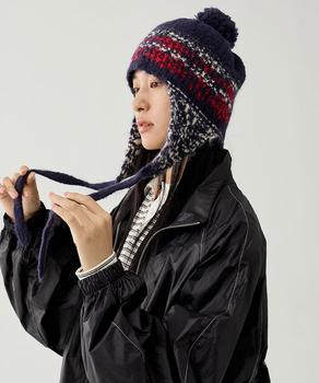 ニット帽子 レディース 配色 紐付き 送料無料 即日発送-4