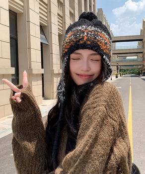 ニット帽子 レディース 配色 紐付き 送料無料 即日発送-7