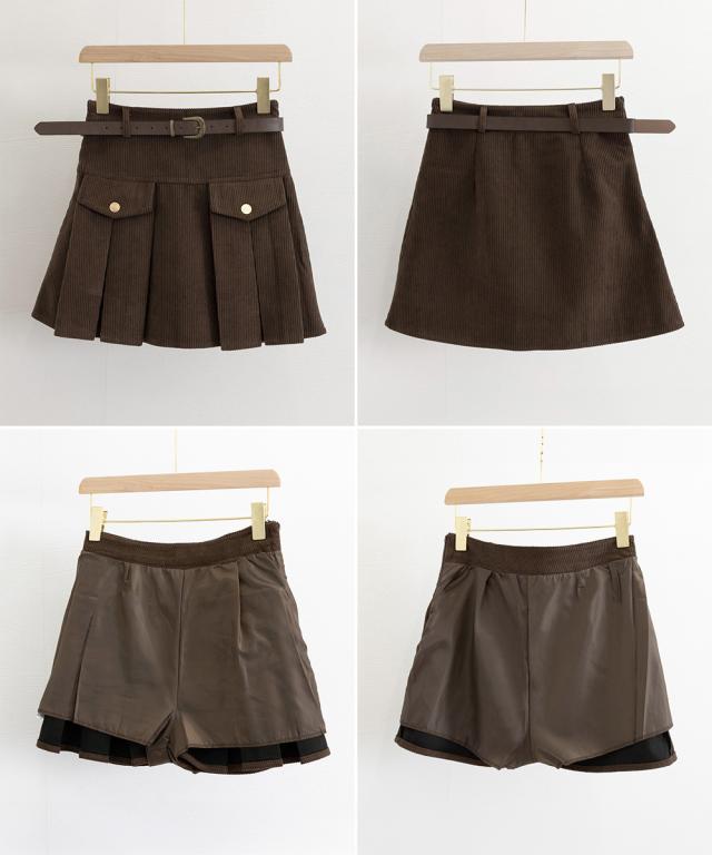 コーデュロイプリーツスカート ベルト付き 送料無料 即日発送-2