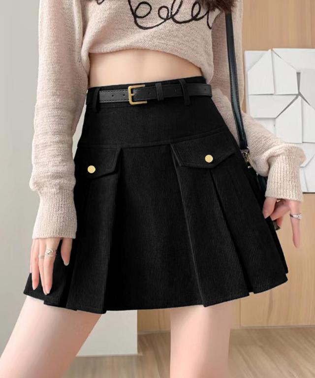 コーデュロイプリーツスカート ベルト付き 送料無料 即日発送-4