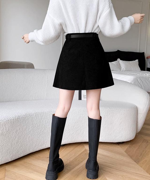 コーデュロイプリーツスカート ベルト付き 送料無料 即日発送-6