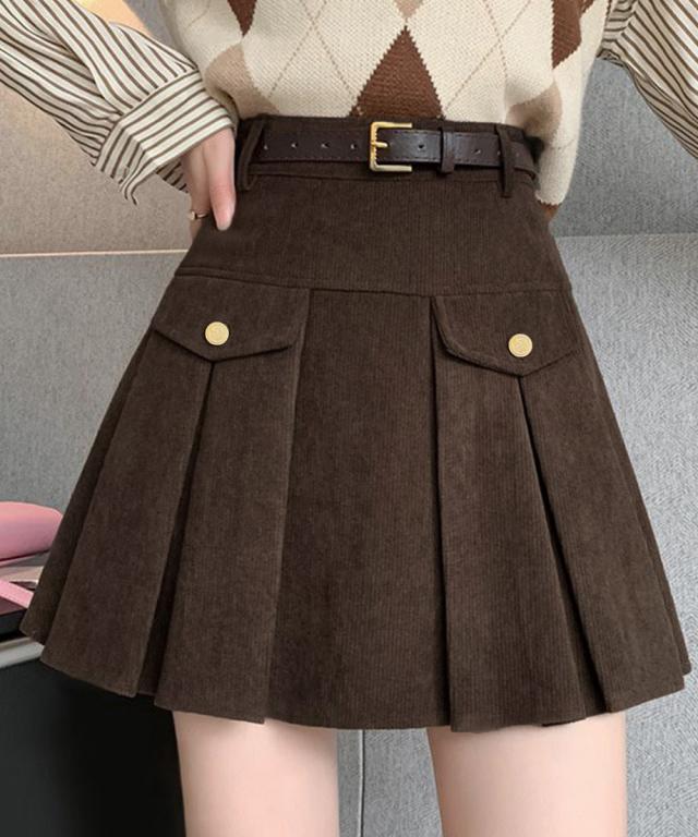コーデュロイプリーツスカート ベルト付き 送料無料 即日発送-7